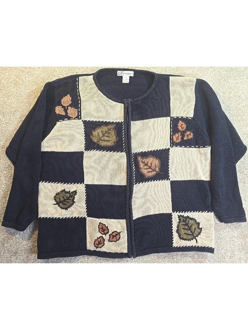 Dressbarn Vtg Cardigan Sweater Full Zip Patchwork Autumn Leaf Pattern Size 18/20
